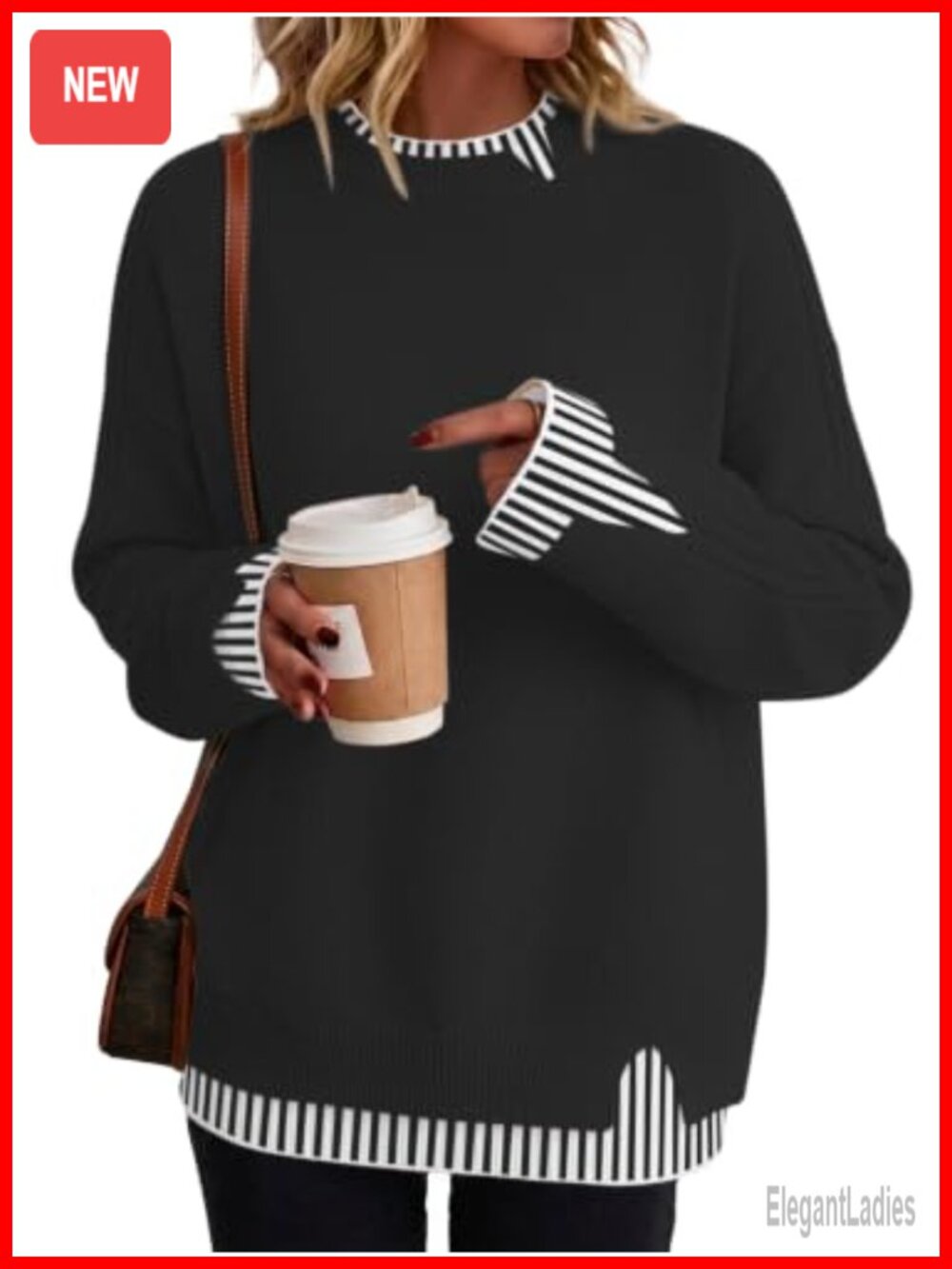 Womens 2-in-1 Layered Ribbed Knit Crew Neck Pullover Sweater Teacher Outfit